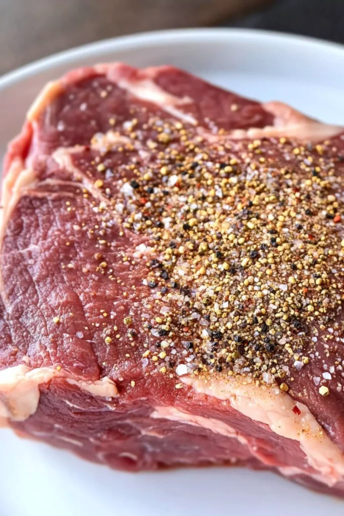 Easy Air Fryer Beef Chuck Roast Steak 1 Raw beef chuck roast steak seasoned with steak spices, ready for air fryer cooking.