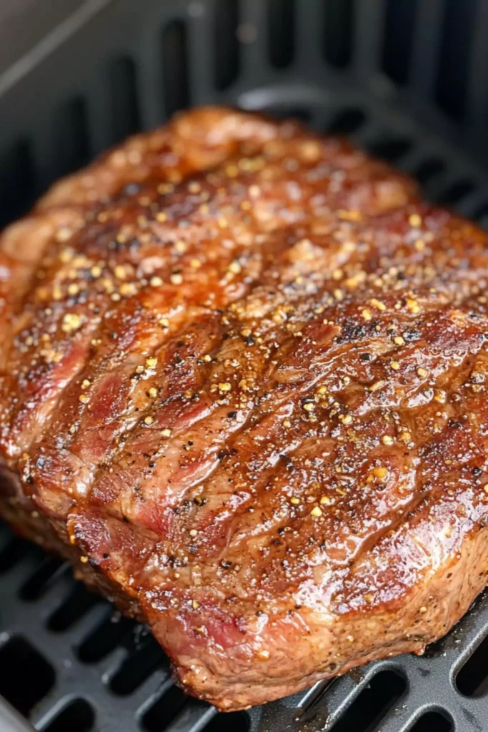 Easy Air Fryer Beef Chuck Roast Steak 2 Seasoned beef chuck roast steak cooking in an air fryer basket, developing a seared crust.