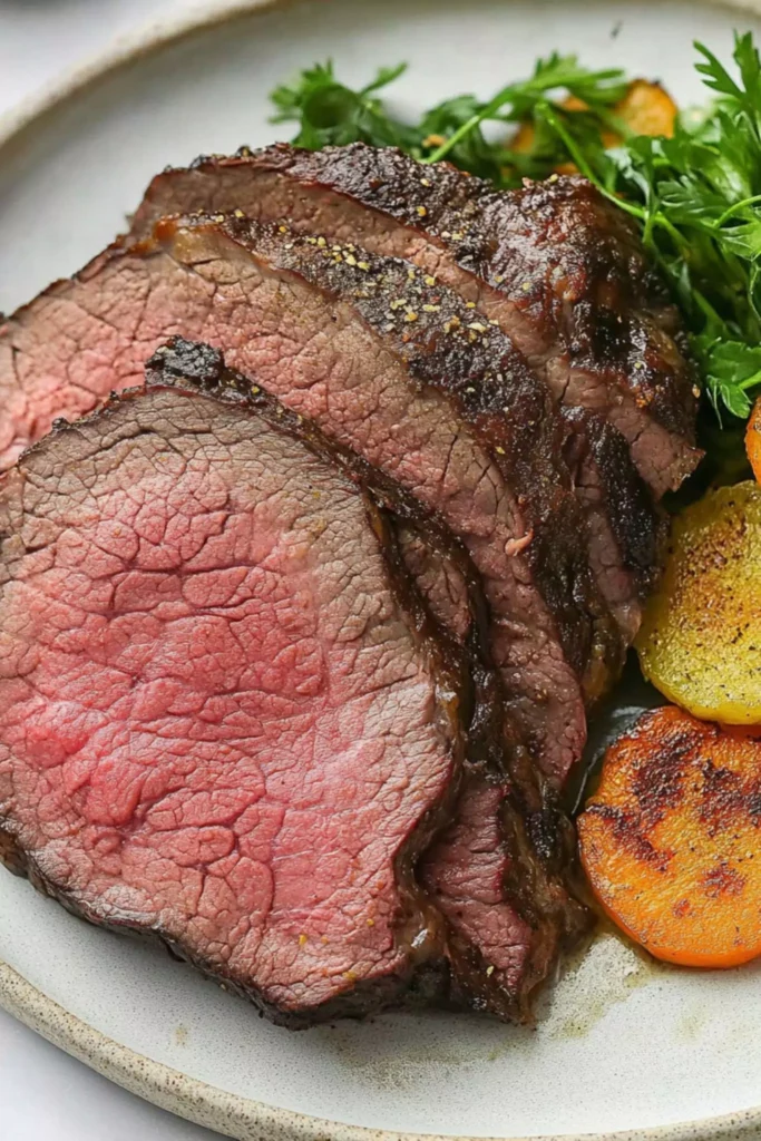 Easy Air Fryer Beef Chuck Roast Steak 3 Sliced air fryer beef chuck roast steak served with golden carrots, potatoes, and fresh herbs.