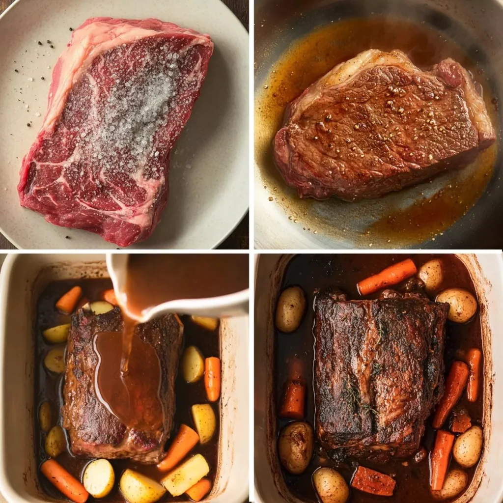 Classic Boneless Beef Chuck Roast Recipe 1 Step-by-step images showing how to make boneless beef chuck roast with carrots and potatoes in the oven