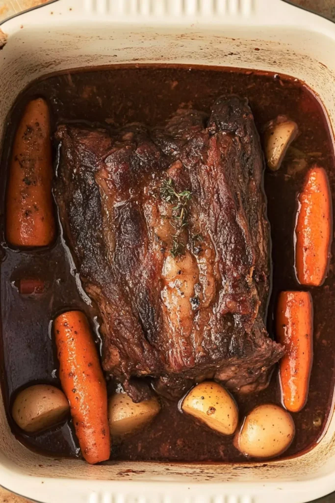 Classic Boneless Beef Chuck Roast Recipe 2 Fully cooked boneless beef chuck roast in a roasting pan with carrots and potatoes in rich broth