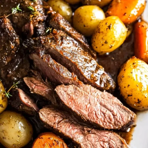 The best Crock Pot Venison Roast Recipe 4 Slow-cooked crock pot venison roast sliced and served with tender carrots and baby potatoes