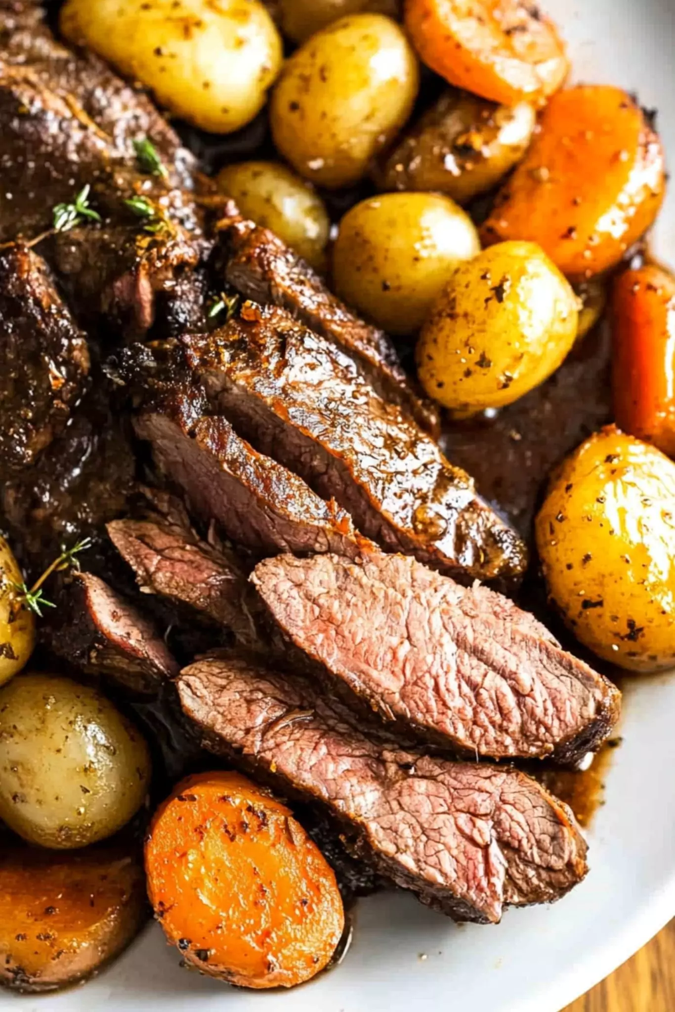 The best Crock Pot Venison Roast Recipe 6 Slow-cooked crock pot venison roast sliced and served with tender carrots and baby potatoes