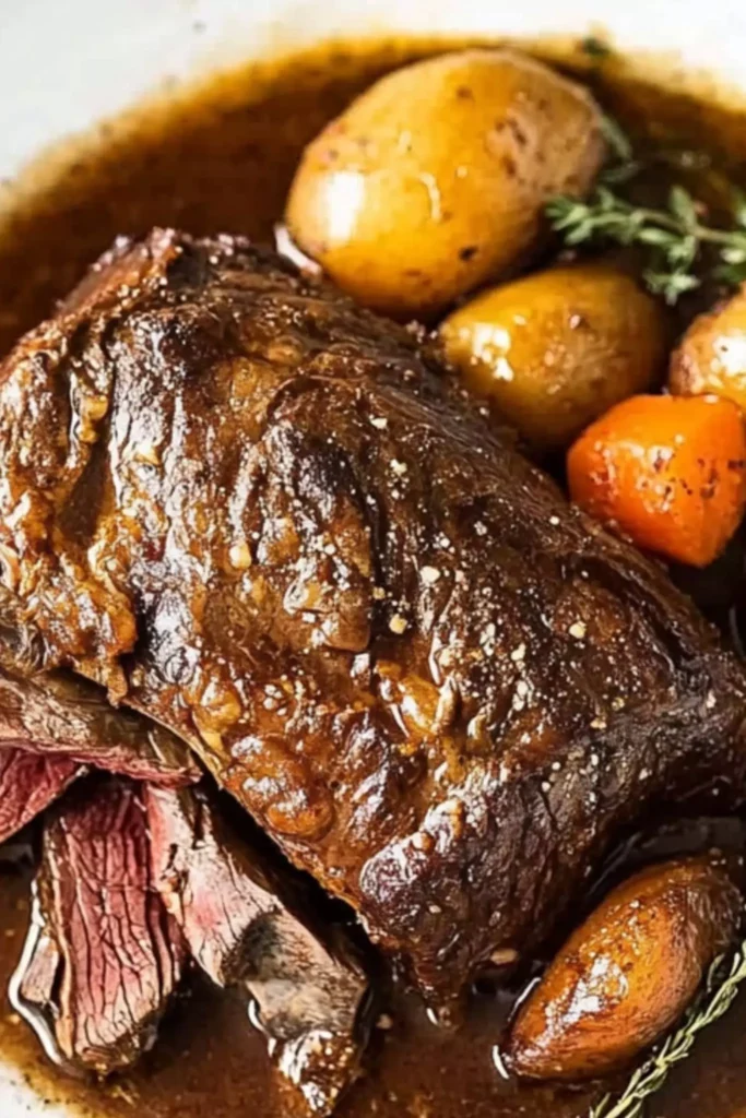 The best Crock Pot Venison Roast Recipe 1 Juicy crock pot venison roast served with baby potatoes and carrots in a rich broth