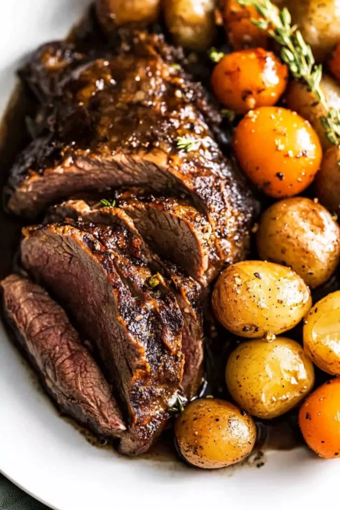 The best Crock Pot Venison Roast Recipe 2 Sliced crock pot venison roast served with seasoned baby potatoes and carrots