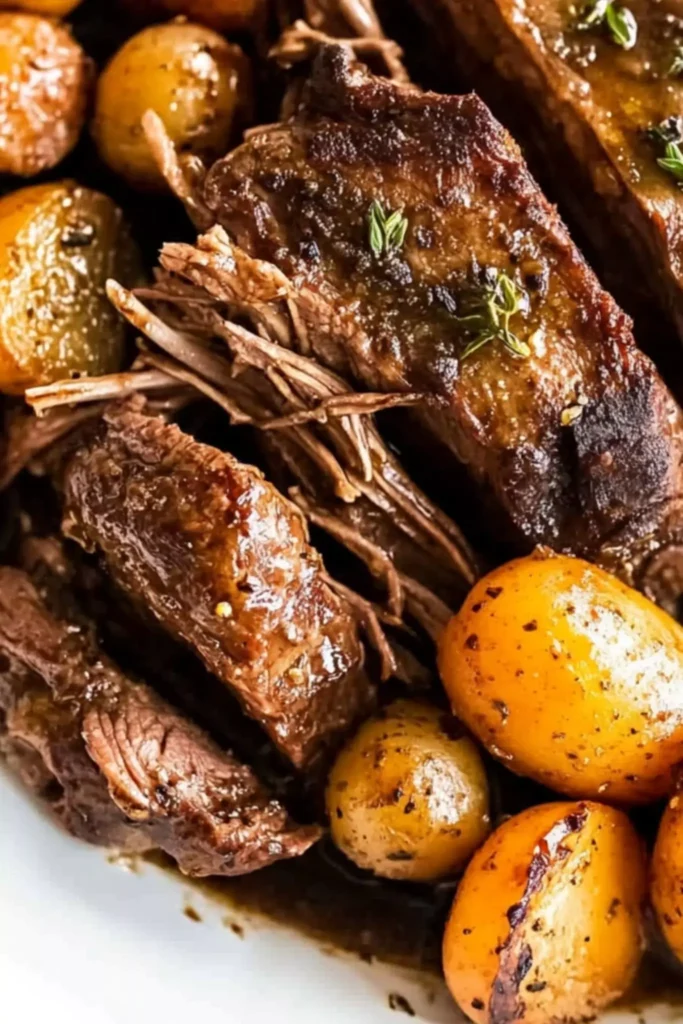 The best Crock Pot Venison Roast Recipe 3 Alt Text:
Fork-tender crock pot venison roast shredded and served with seasoned baby potatoes