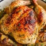 Garlic butter roast chicken with crispy skin and herbs in a white roasting pan