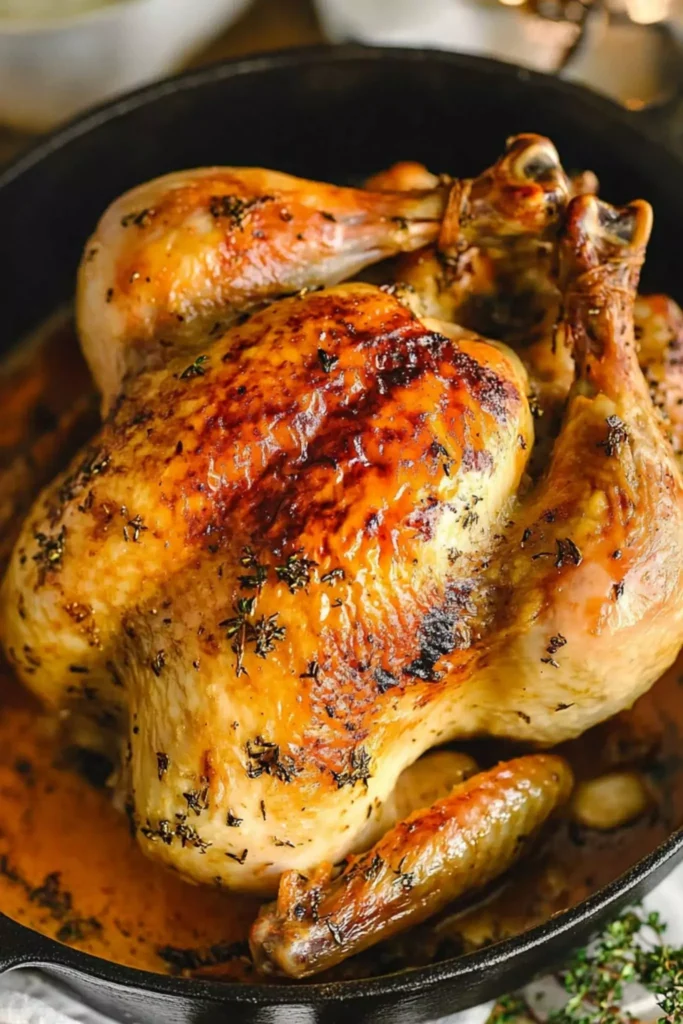 Easy Garlic Butter Roast Chicken 1 Whole garlic butter roast chicken with crispy golden skin in a cast iron skillet