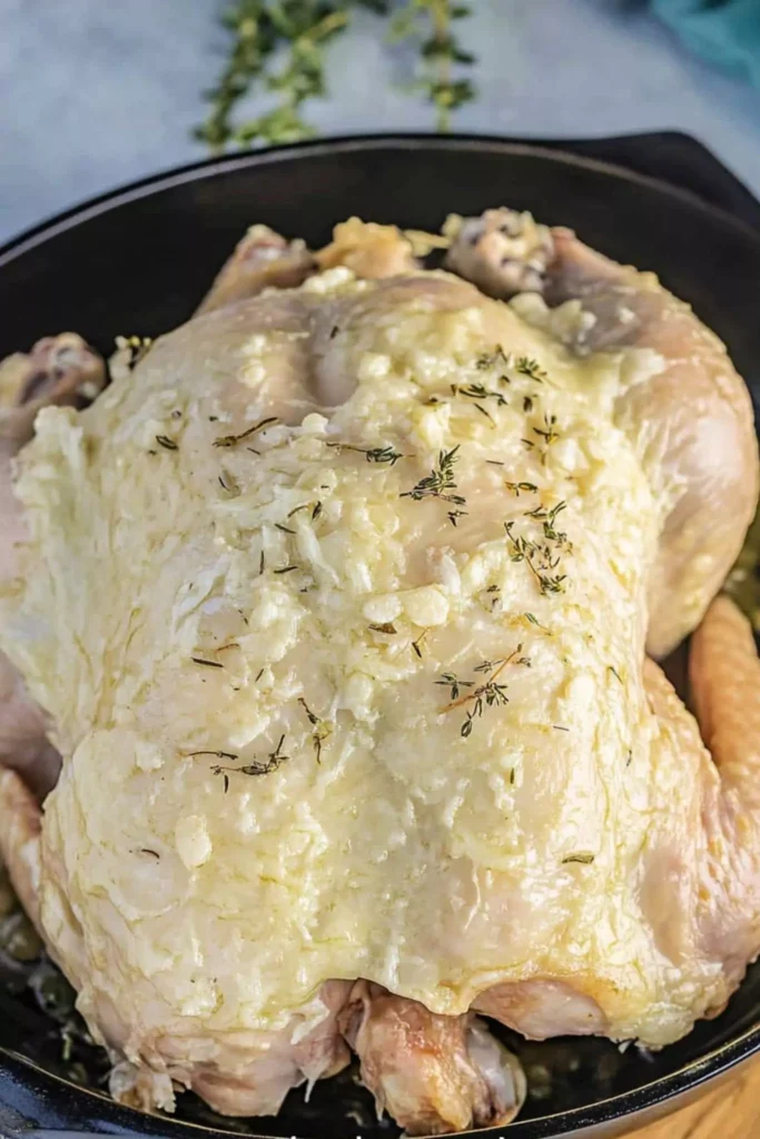 Easy Garlic Butter Roast Chicken 2 Raw whole chicken coated with garlic butter and herbs before roasting
