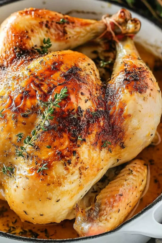 Easy Garlic Butter Roast Chicken 3 Golden garlic butter roast chicken in a white pan with crispy skin and fresh thyme
