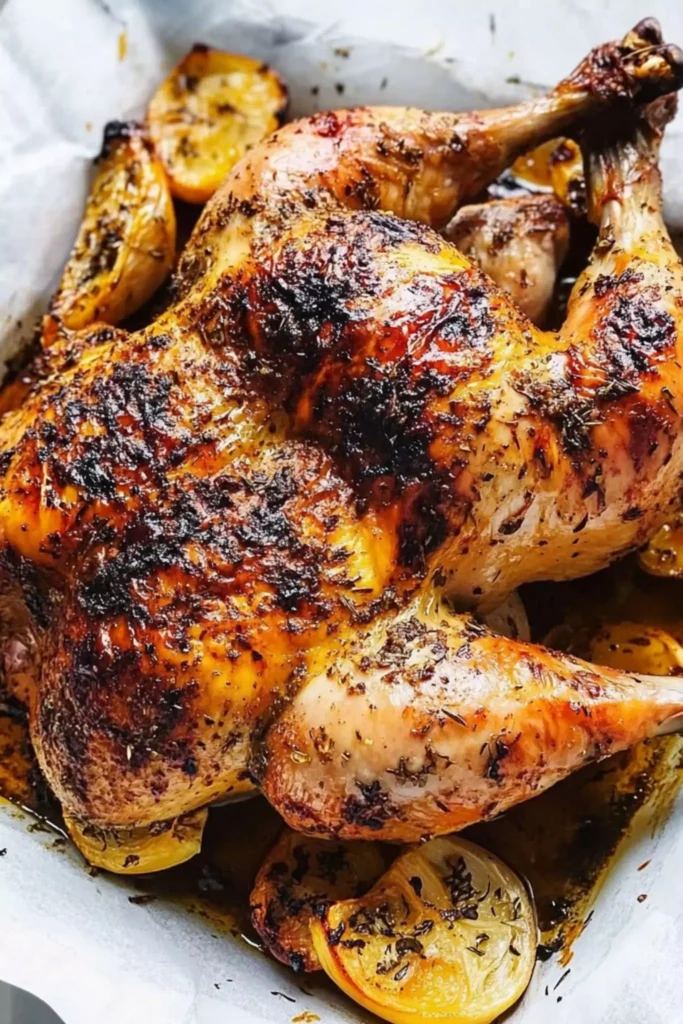 Crispy garlic and herb roast chicken cooked to golden perfection with roasted garlic and lemon slices tucked beneath.