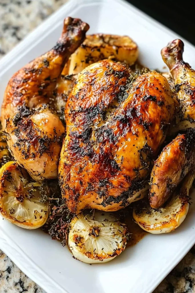 Plated garlic and herb roast chicken with crispy skin, roasted garlic, and lemon slices, served on a white dish.