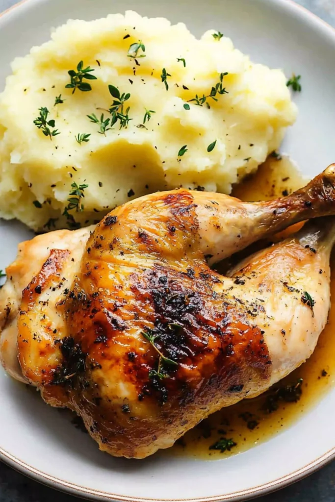 Plated garlic and herb roast chicken leg served with creamy mashed potatoes and fresh thyme, drizzled with pan juices.