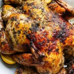 Garlic and herb roast chicken with crispy golden skin, seasoned with herbs and roasted garlic, surrounded by caramelized lemon slices.