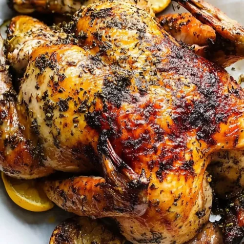 Garlic and herb roast chicken with crispy golden skin, seasoned with herbs and roasted garlic, surrounded by caramelized lemon slices.