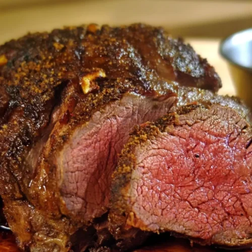 Sliced venison roast showing a medium-rare center and seasoned crust, served on a wooden cutting board.