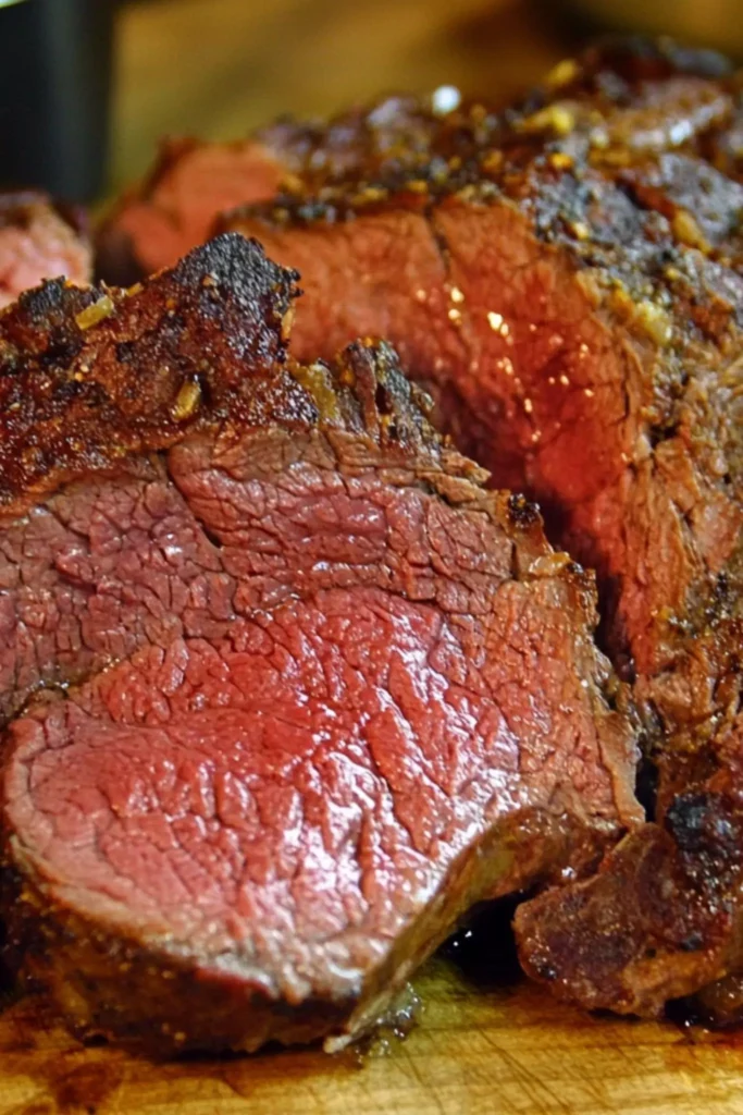 Close-up of sliced venison roast showing a juicy, medium-rare center and seasoned outer crust.