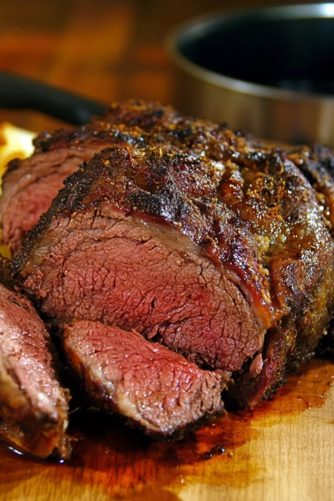 Grilled venison roast sliced on a wooden cutting board, showing a juicy center and seasoned outer crust.