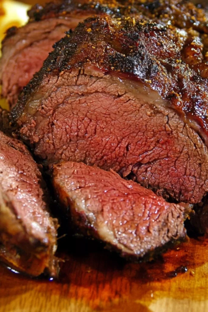 Medium-rare grilled venison roast sliced on a wooden cutting board, showing a juicy and tender texture.