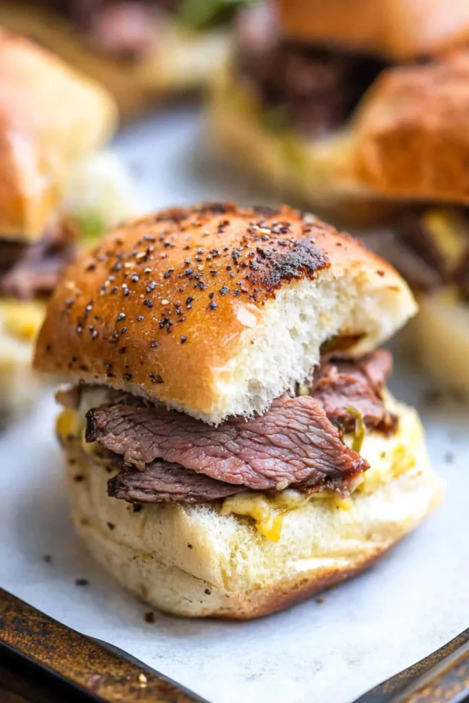 Italian Roast Beef Sliders 3 Toasted Italian roast beef slider closeup