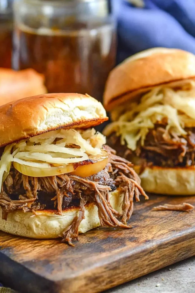 Two juicy leftover beef chuck roast sandwiches with caramelized onions and shredded cheese on toasted buns – a flavorful beef roast recipe idea.
