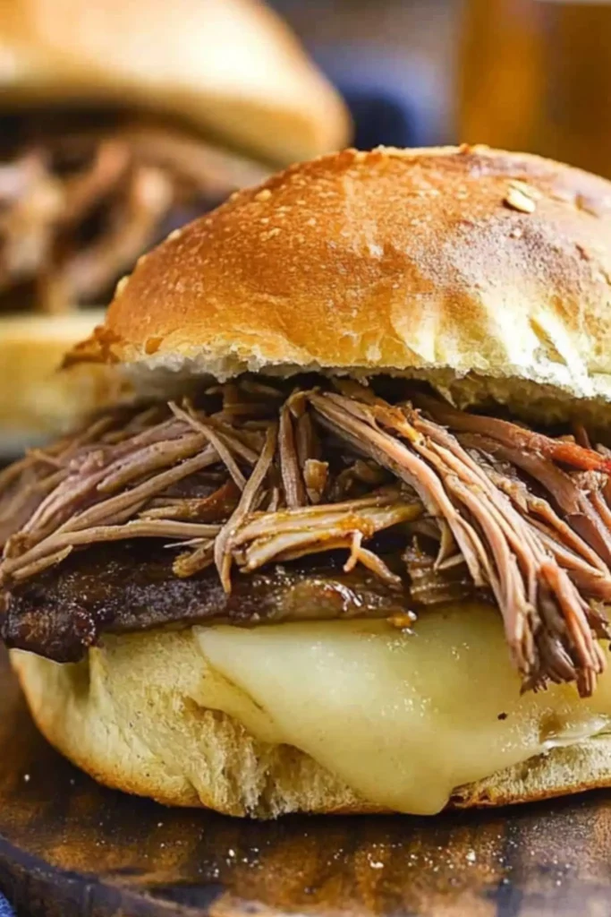 Melted cheese and shredded leftover beef chuck roast piled high on a golden bun – the ultimate beef roast recipe sandwich.

