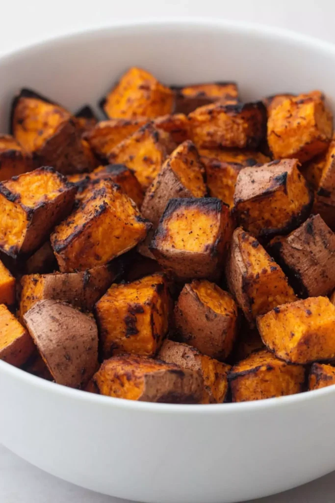 Ranch Roasted Sweet Potatoes 3 Bowl of crispy air fryer ranch roasted sweet potatoes with charred edges and skin-on cubes.