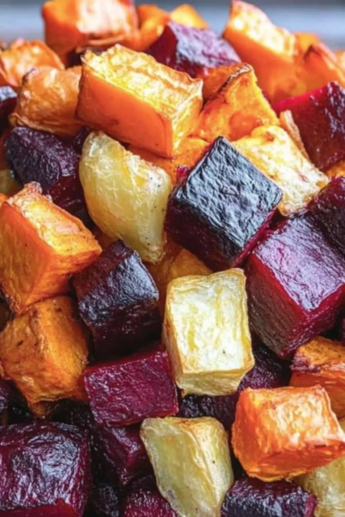 Pile of roasted beets and sweet potatoes, including golden, orange, and deep red cubes with caramelized edges.