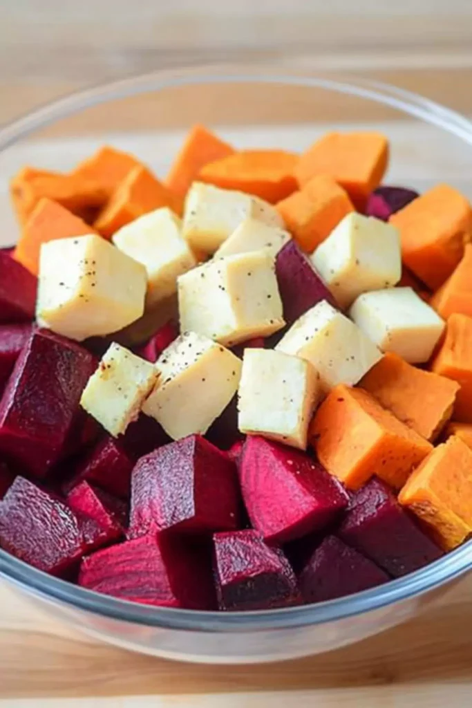 Bowl of uncooked chopped beets, white sweet potatoes, and orange sweet potatoes prepared for roasting.