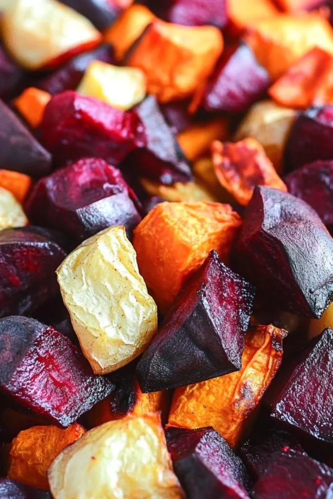 Close-up of roasted beets, white sweet potatoes, and orange sweet potatoes with crispy edges.