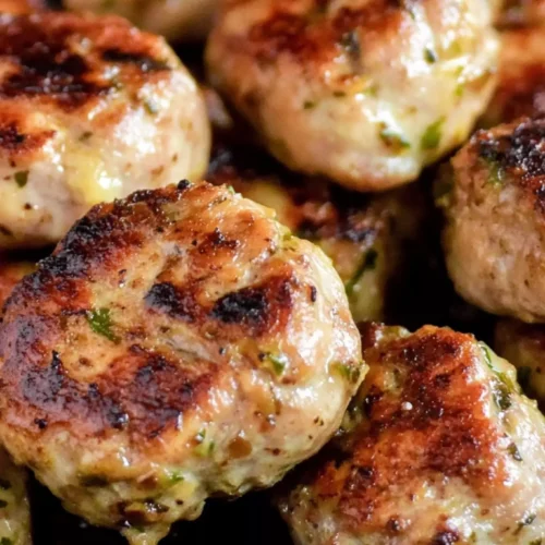 Roasted garlic chicken sausage patties seared in a cast iron skillet, golden brown and packed with herbs