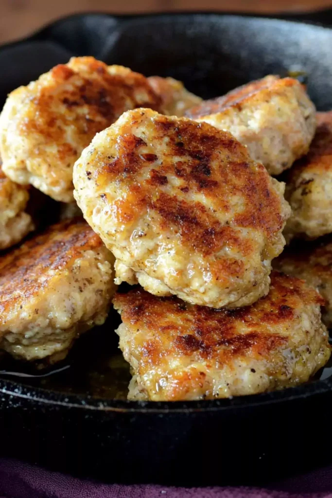 Golden roasted garlic chicken sausage patties stacked in a skillet, crispy on the outside and juicy inside