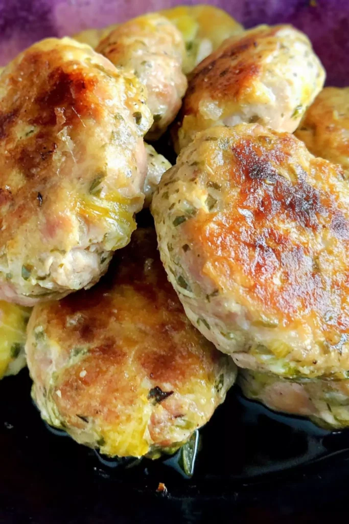 Pan-seared roasted garlic chicken sausage patties with herbs, golden and juicy in a black skillet