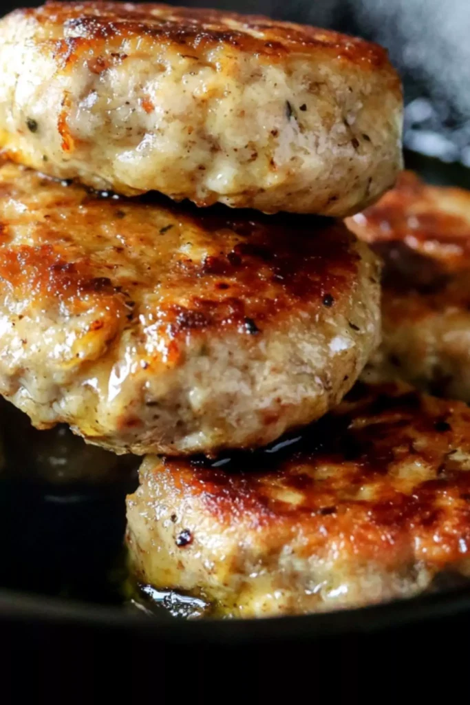 Close-up of roasted garlic chicken sausage patties stacked in a skillet, seared to golden perfection