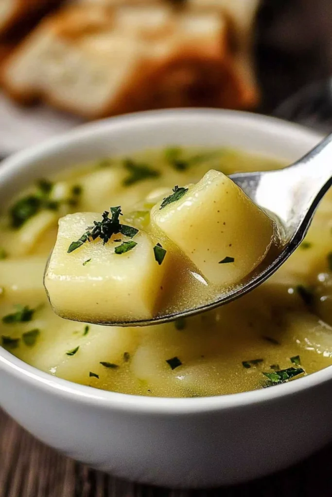 Easy Roasted Garlic Potato Soup 1 Spoonful of roasted garlic potato soup with tender potato cubes and fresh herbs above a bowl.