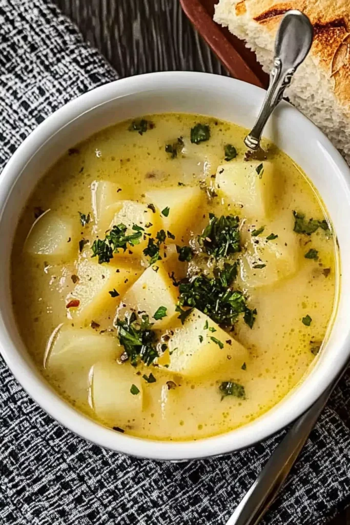 Easy Roasted Garlic Potato Soup 2 Bowl of roasted garlic potato soup with chunks of potato and parsley, served with crusty bread.