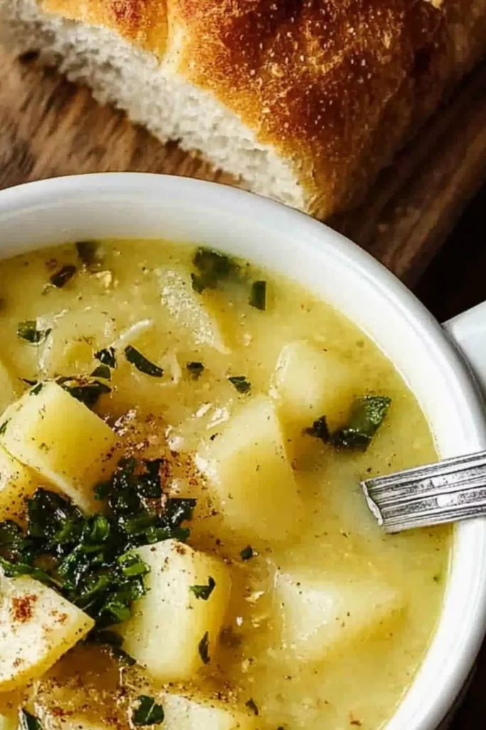 Easy Roasted Garlic Potato Soup 3 Bowl of roasted garlic potato soup with chopped parsley and a slice of crusty bread in the background.