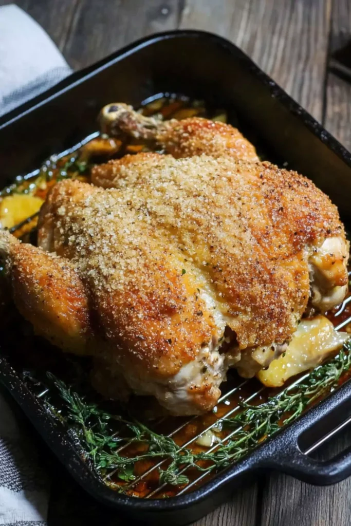 Roasted Garlic and Parmesan Chicken 1 Whole Roasted Garlic and Parmesan Chicken in a cast iron roasting pan with golden crust and herbs, a flavorful roast chicken recipe baked to perfection.