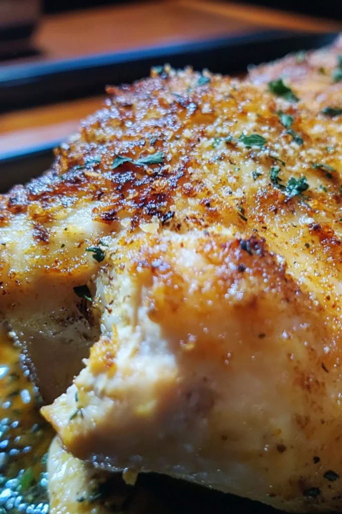 Roasted Garlic and Parmesan Chicken 2 Close-up of crispy golden skin on Roasted Garlic and Parmesan Chicken, showcasing the texture and flavor of this juicy roast chicken recipe.
