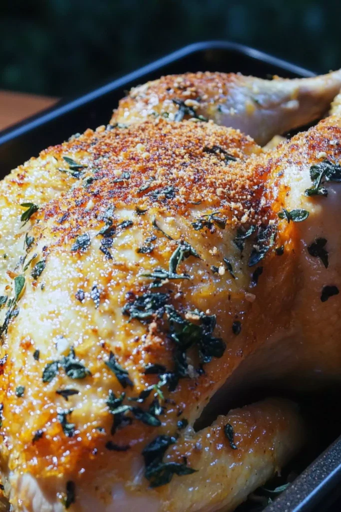 Roasted Garlic and Parmesan Chicken 3 Golden Roasted Garlic and Parmesan Chicken topped with herbs and crispy cheese, an easy and flavorful roast chicken recipe straight from the oven.