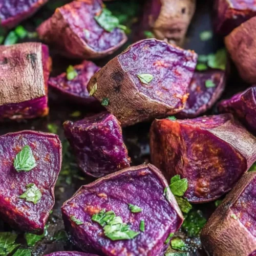 Roasted Purple Sweet Potatoes 4 Roasted purple sweet potatoes on baking tray