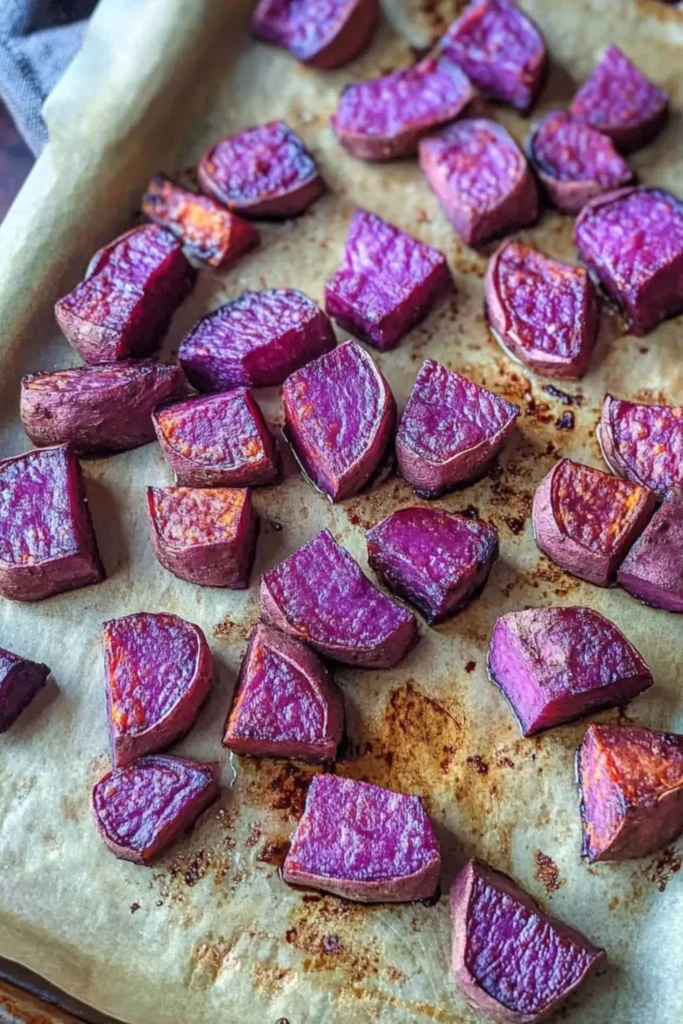 Roasted Purple Sweet Potatoes 1 Roasted purple sweet potatoes spread on baking sheet