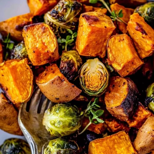 Roasted Sweet Potatoes And Brussel Sprouts 4 Roasted sweet potatoes and brussels sprouts