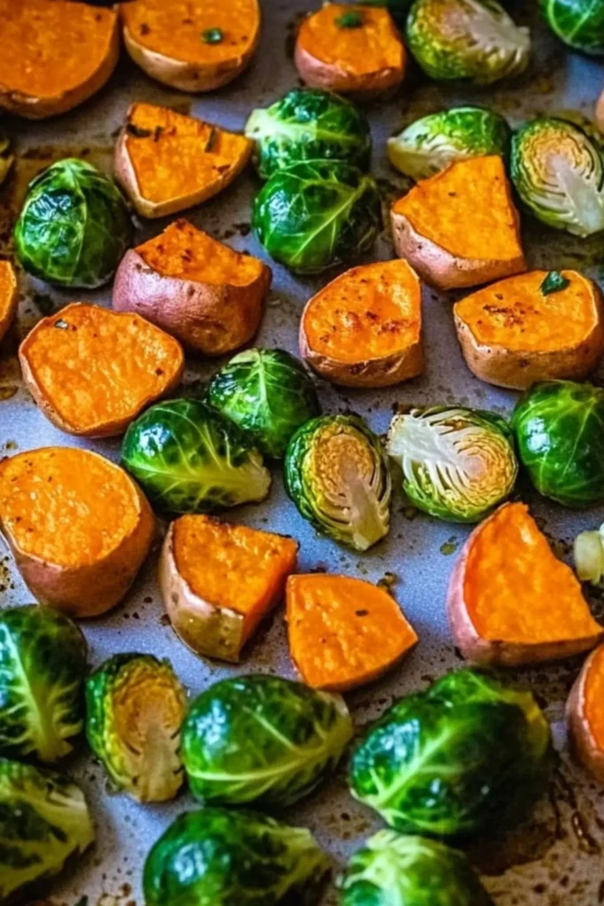 Roasted Sweet Potatoes And Brussel Sprouts 1 Roasted sweet potatoes and sprouts on pan