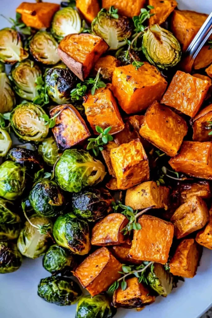 Roasted Sweet Potatoes And Brussel Sprouts 3 Roasted sweet potatoes and Brussels sprouts