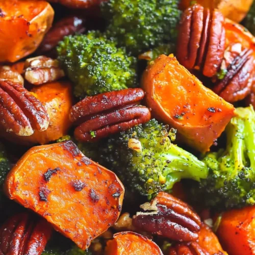 Close-up of roasted sweet potatoes and broccoli with toasted pecans, showing crispy, caramelized edges.