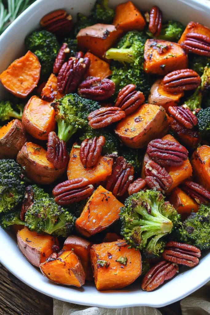Bowl of roasted sweet potatoes and broccoli with toasted pecans, showing crispy edges and vibrant colors.