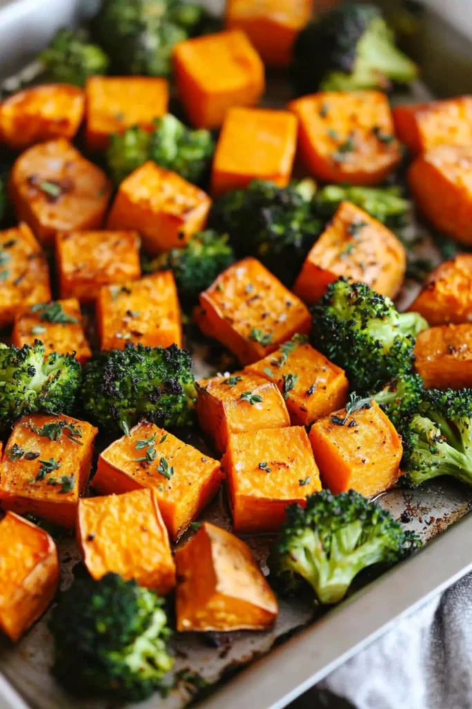 Roasted sweet potatoes and broccoli on a baking sheet, seasoned with herbs and perfectly caramelized.