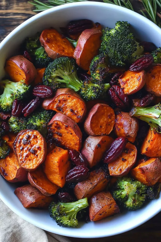 Bowl of roasted sweet potatoes and broccoli mixed with toasted pecans and dried cranberries.