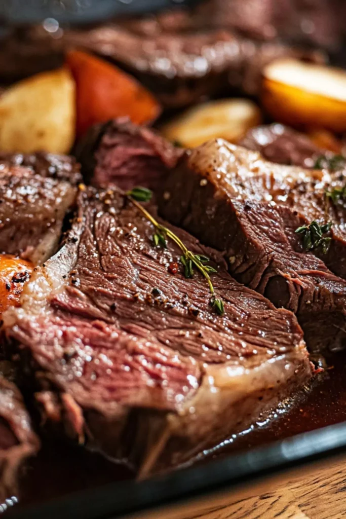 Sliced venison neck roast with potatoes